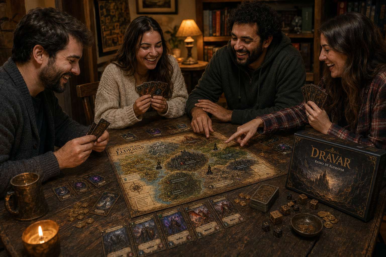 Mesa montada do Reino de Eldravar com tabuleiro, cartas e dado