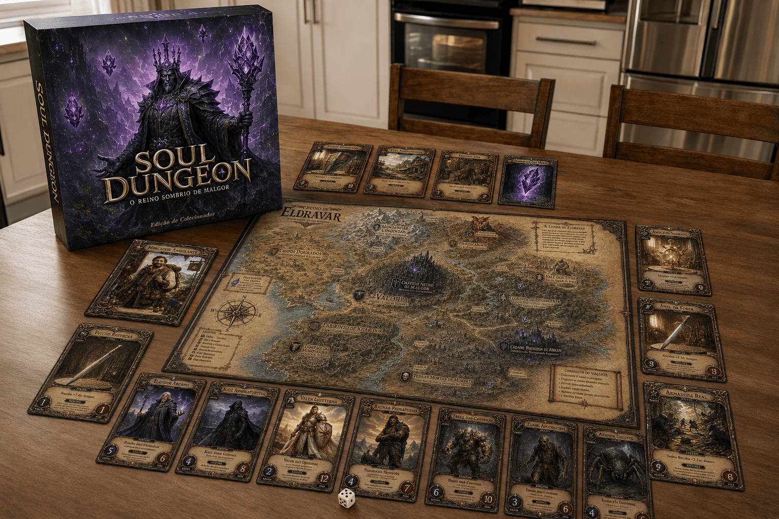 Mesa montada do Reino de Eldravar com tabuleiro, cartas e dado